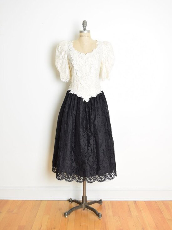 Cachet Dresses & Skirts - vintage 80s party prom dress cottagecore lace crochet Cachet tea length midi M